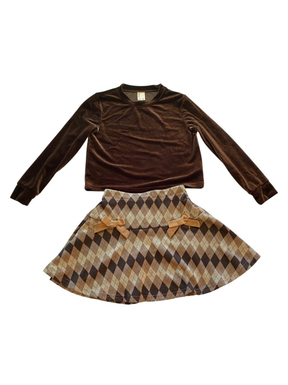 Pat Pat Girls Size 7-8Y 2-Piece Set: Brown Velvet Top & Argyle Pull On Skirt